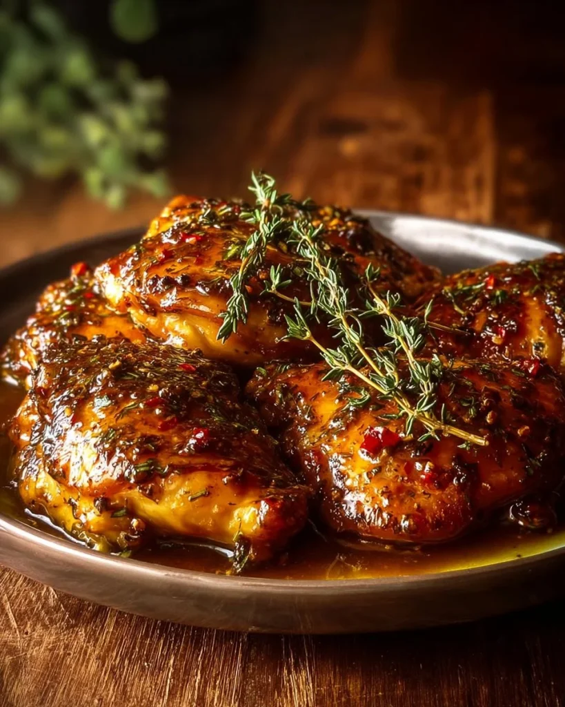 Baked honey dijon chicken served with vegetables on a plate