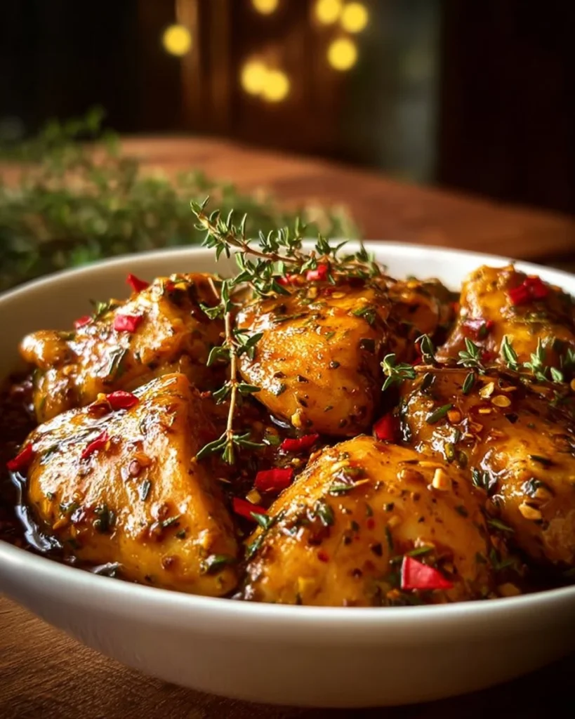 Baked honey dijon chicken garnished with herbs and served on a plate.
