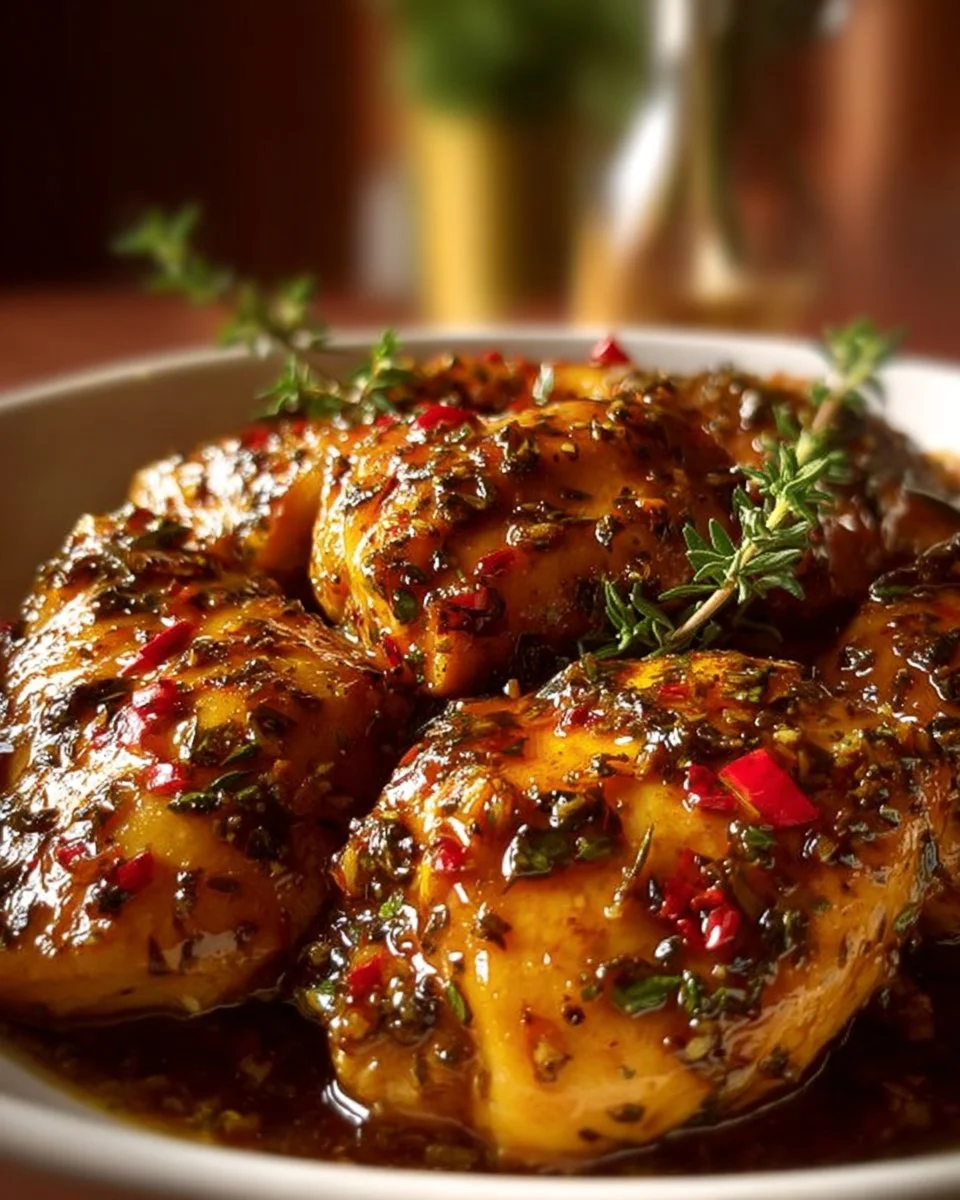 Easy Baked Honey Dijon Chicken recipe with vibrant glaze and garnished herbs.