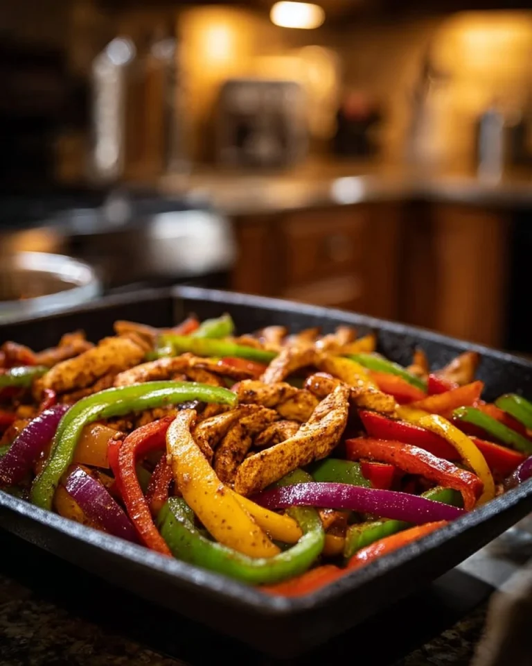 Delicious plate of easy chicken fajitas with colorful bell peppers and onions