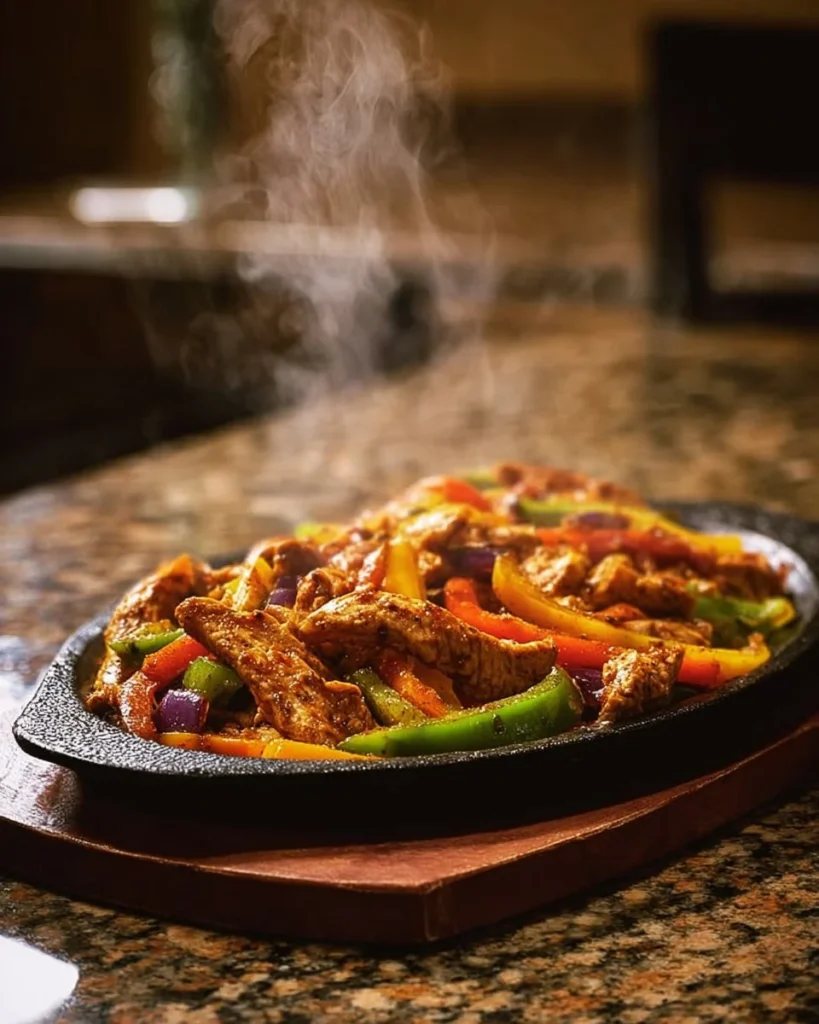 Delicious easy chicken fajitas served with colorful bell peppers and onions.