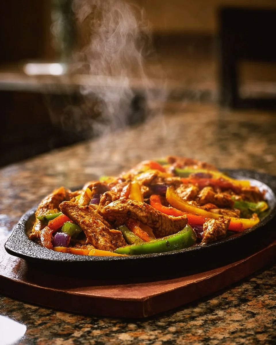 Delicious easy chicken fajitas served with colorful bell peppers and onions.