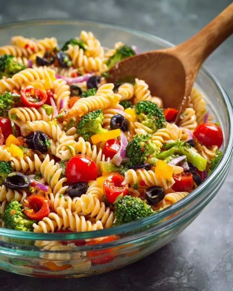 A colorful easy pasta salad with fresh vegetables in a bowl