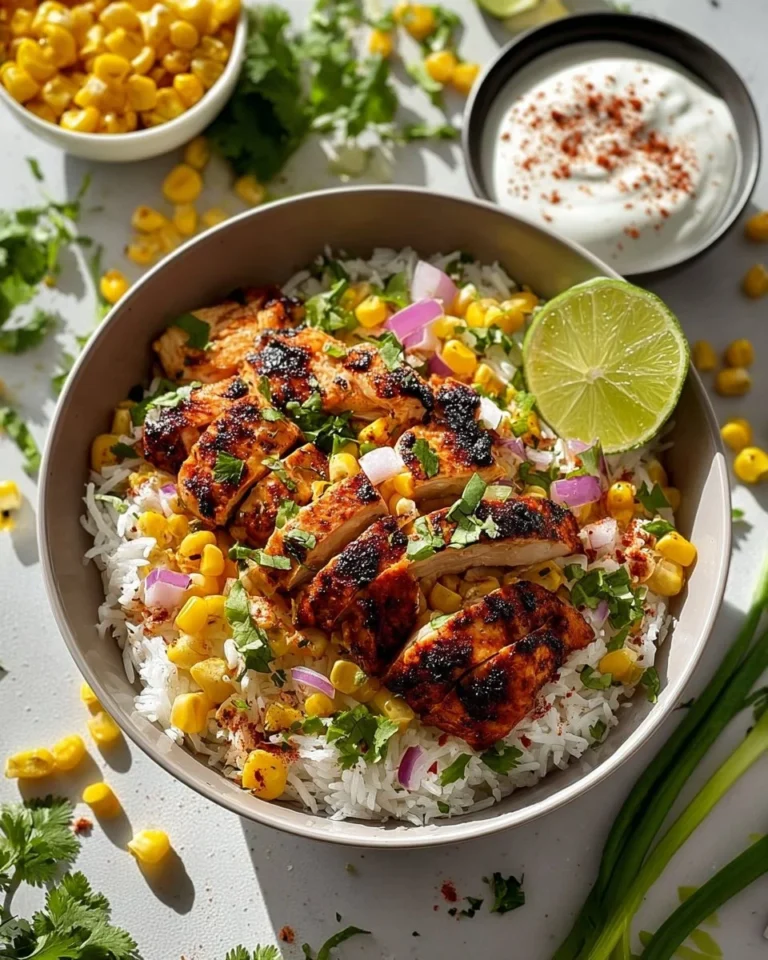 Easy Street Corn Chicken Rice Bowl with chicken, corn, and rice in a vibrant bowl