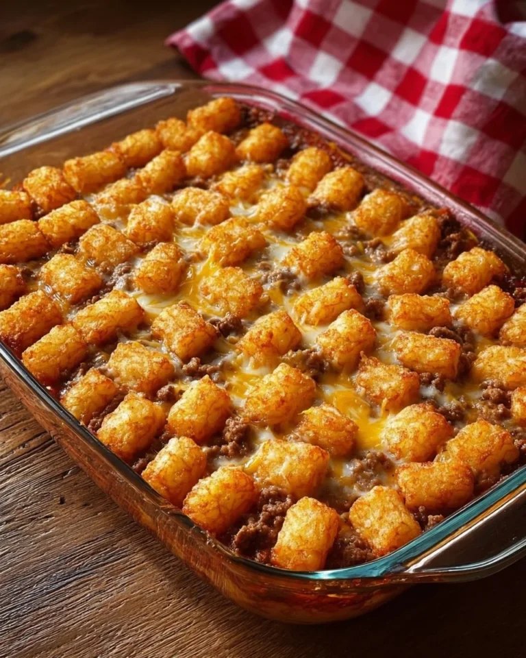 Delicious and easy Tater Tot Casserole topped with golden crispy tater tots.