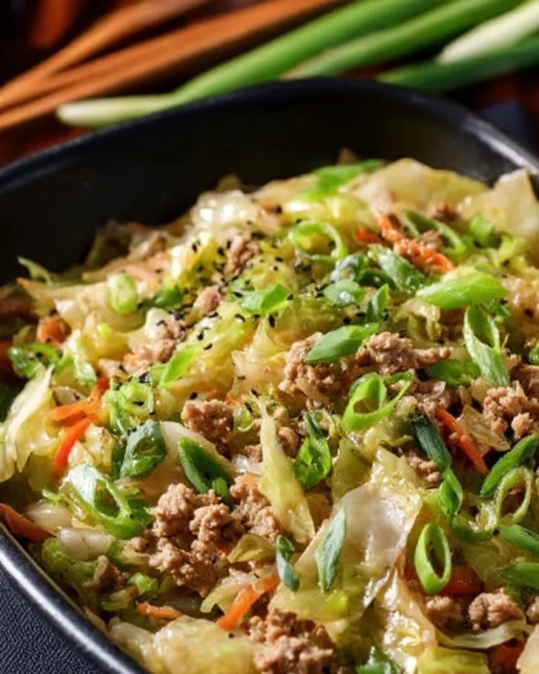 Bowl of Egg Roll ingredients with cabbage, carrots, and ground meat