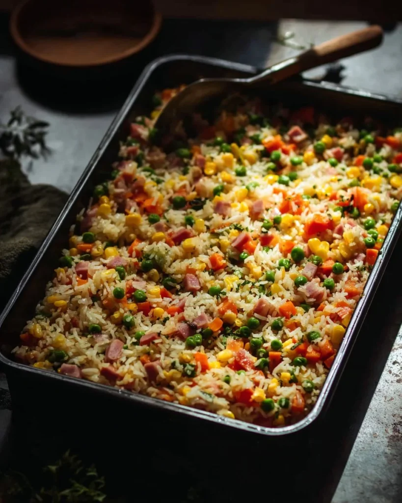 Emergency Dump 'n Bake' Fried Rice dish cooked and served in a bowl