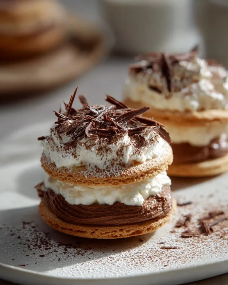 Delicious Espresso and Hazelnut Dacquoise Clouds dessert served on a plate.