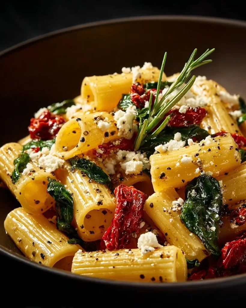 Feta and cranberry rigatoni salad drizzled with lemon vinaigrette