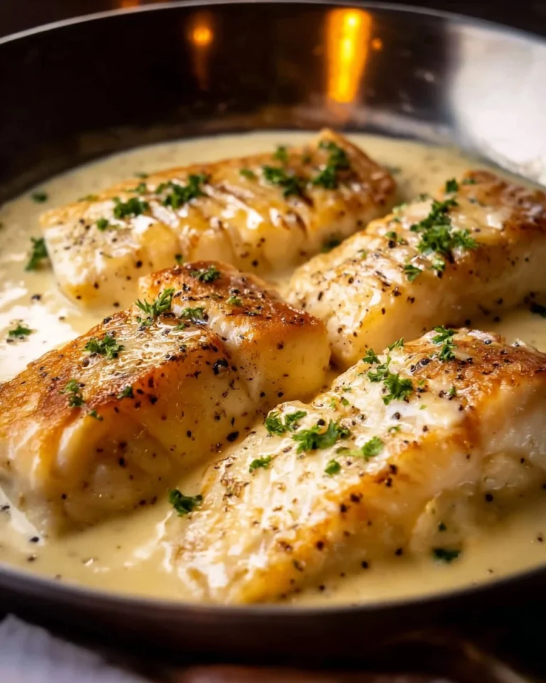 Delicious fish drizzled with white wine sauce on a plate
