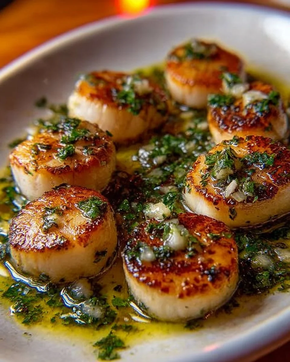 Delicious garlic butter air fryer scallops served on a plate.
