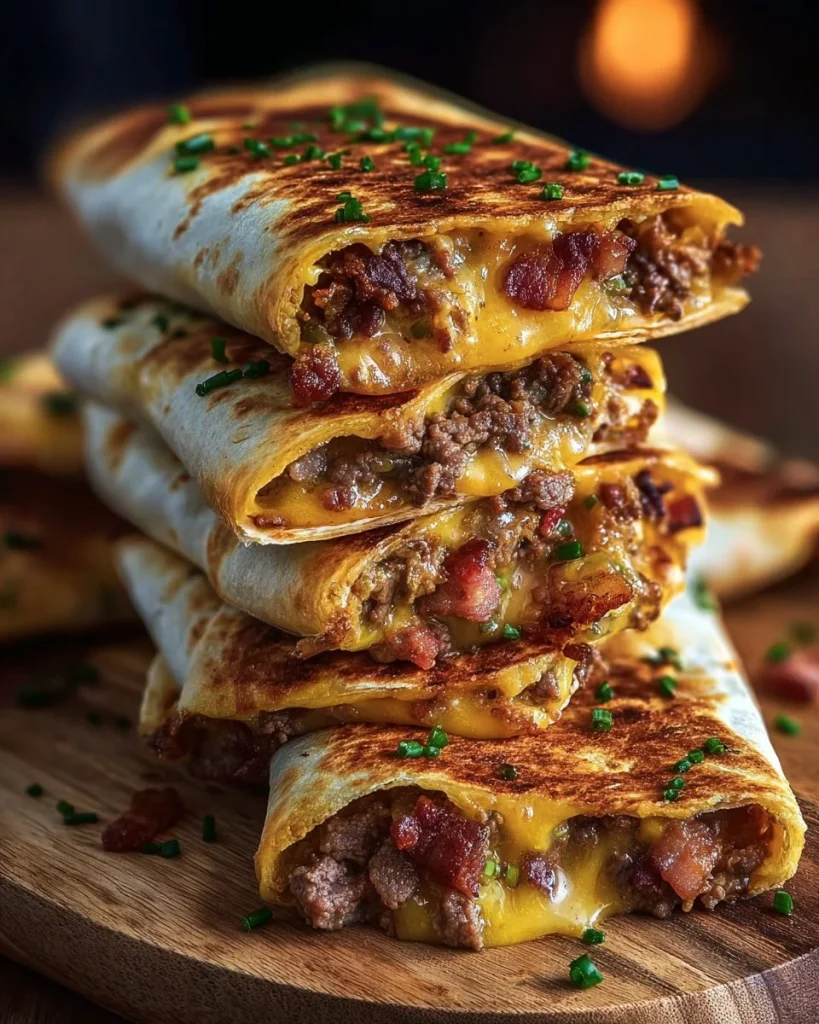Delicious Garlic Butter Bacon Cheeseburger Rollups ready to enjoy.