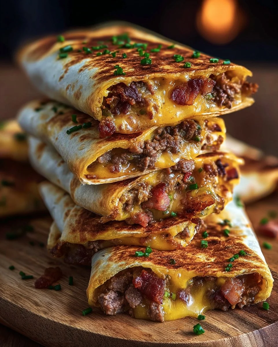 Delicious Garlic Butter Bacon Cheeseburger Rollups ready to enjoy.