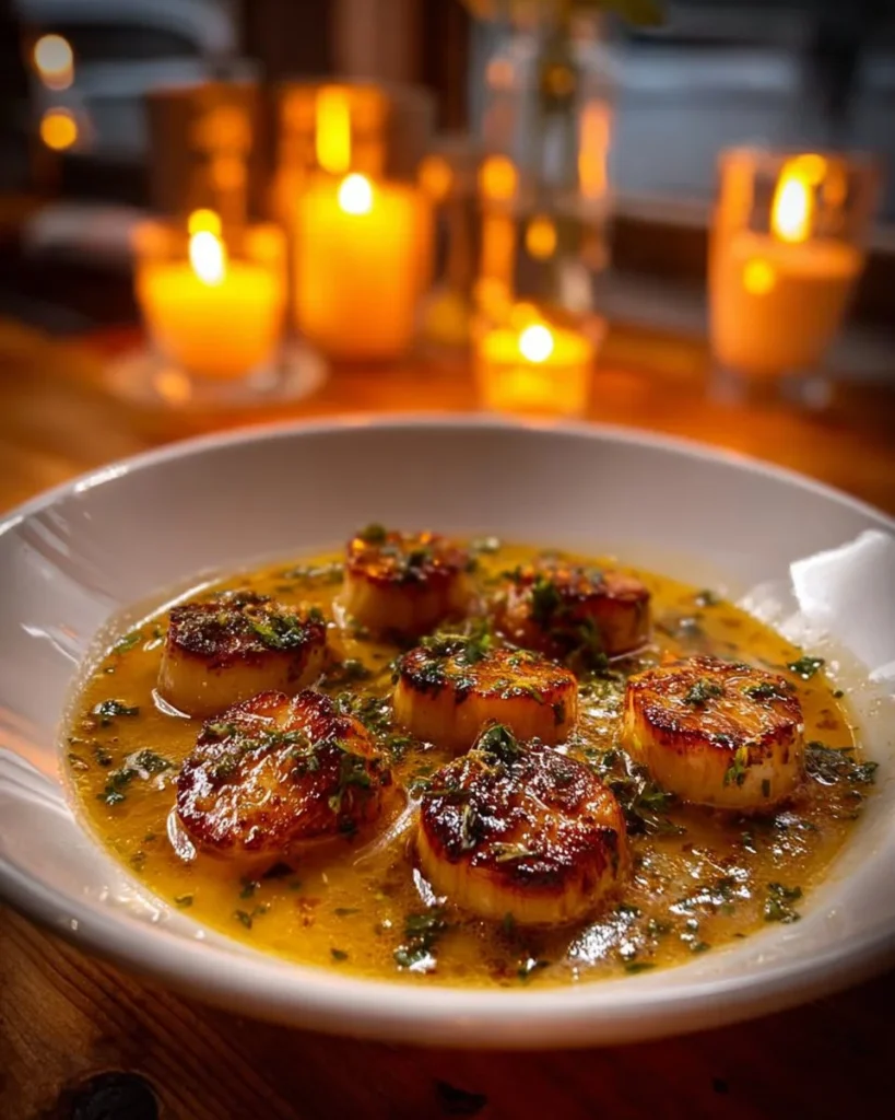 Delicious garlic butter baked scallops on a serving plate