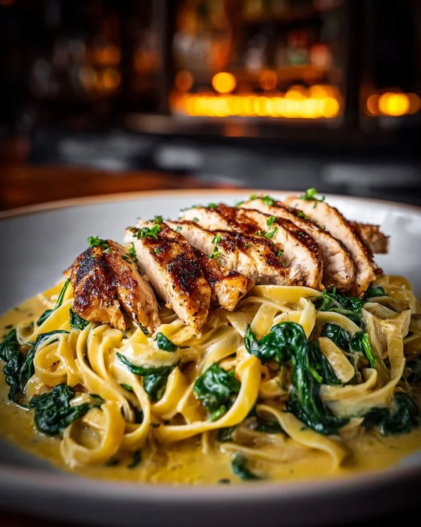 Garlic Butter Chicken with Spinach Alfredo served with fresh spinach and herbs