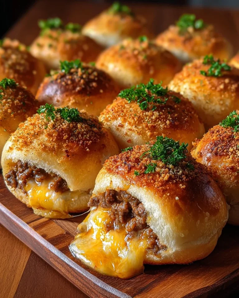 Garlic Parmesan Cheeseburger Bombs served on a rustic wooden platter