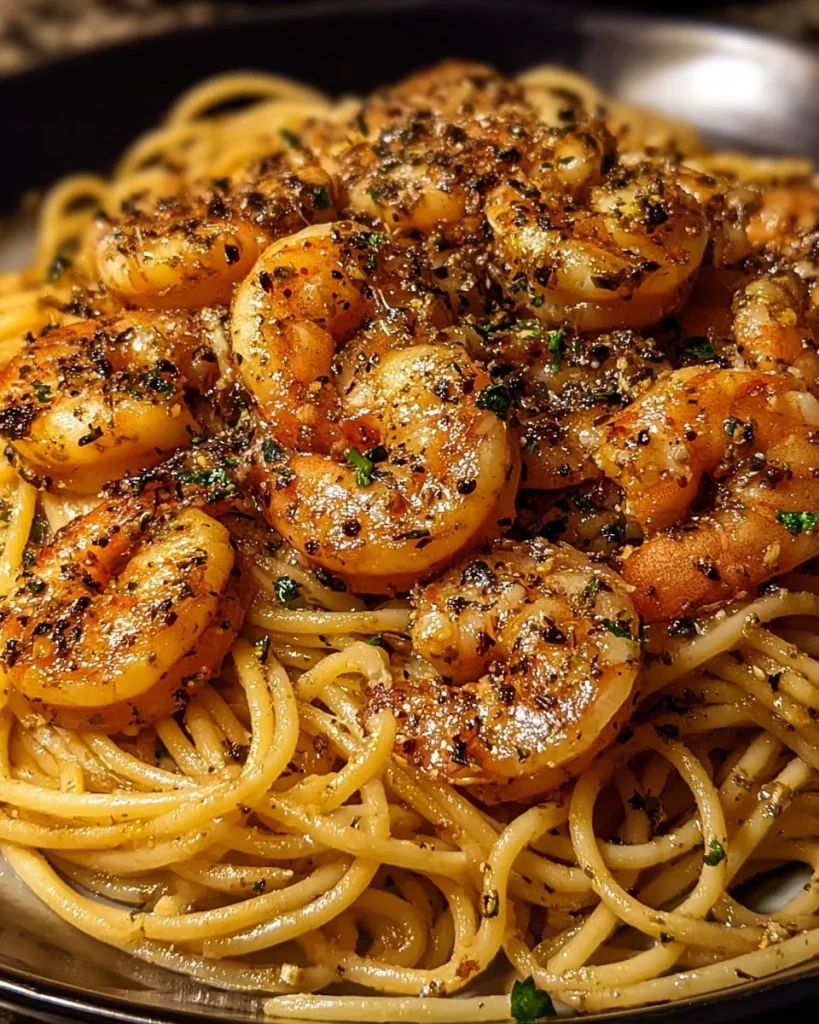 Delicious garlic shrimp pasta served in a bowl with herbs and spices