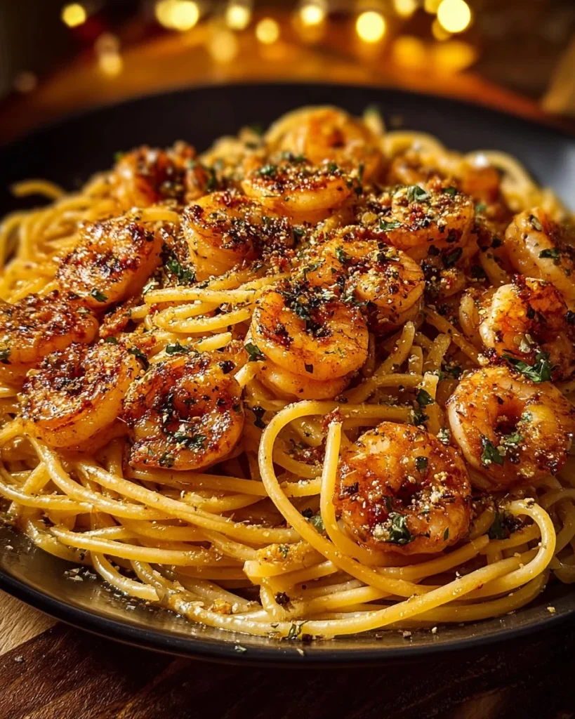 Delicious Garlic Shrimp Pasta garnished with parsley on a white plate