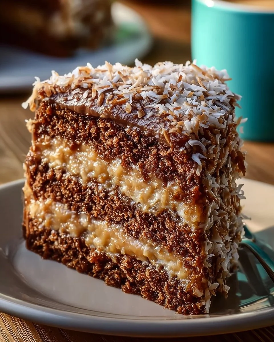 Slice of German chocolate cake with coconut pecan frosting on a plate
