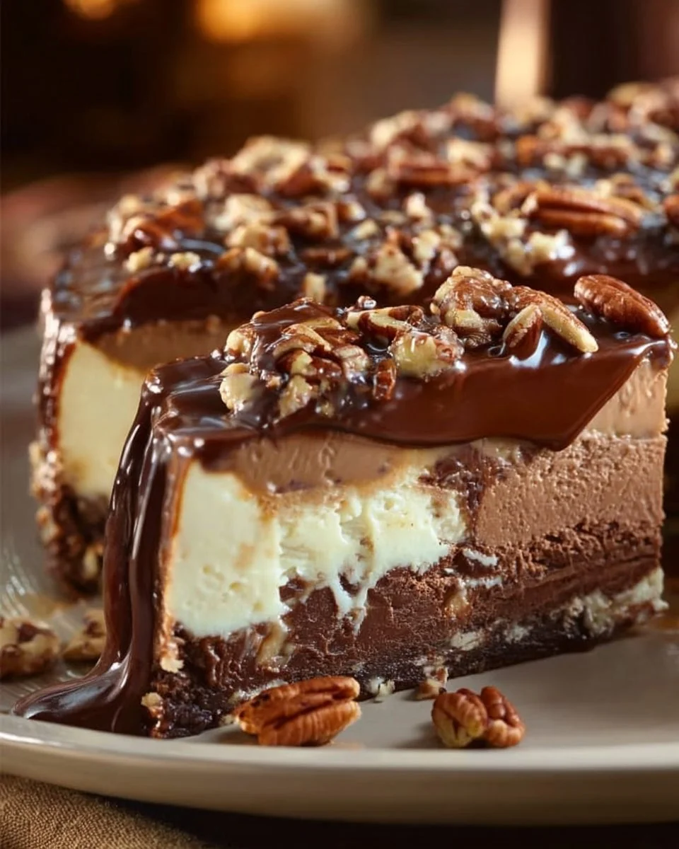 Delicious German chocolate cheesecake with coconut and pecan topping