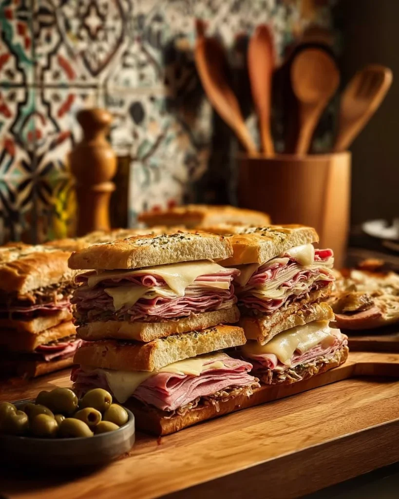 Giant Muffaletta sandwich featuring Italian meats and olive salad