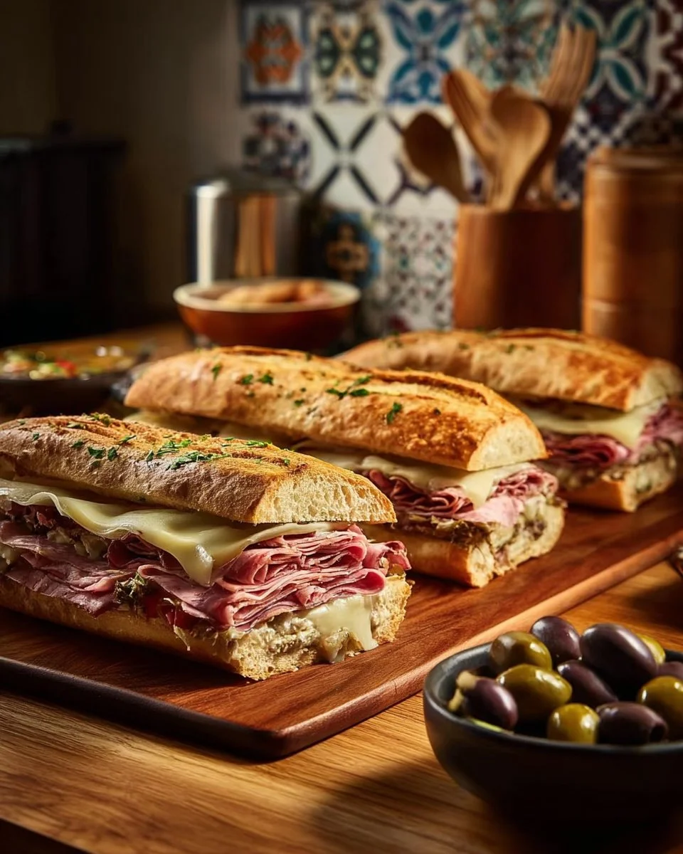 Giant Muffaletta Italian Sandwich with layers of meats and olive salad
