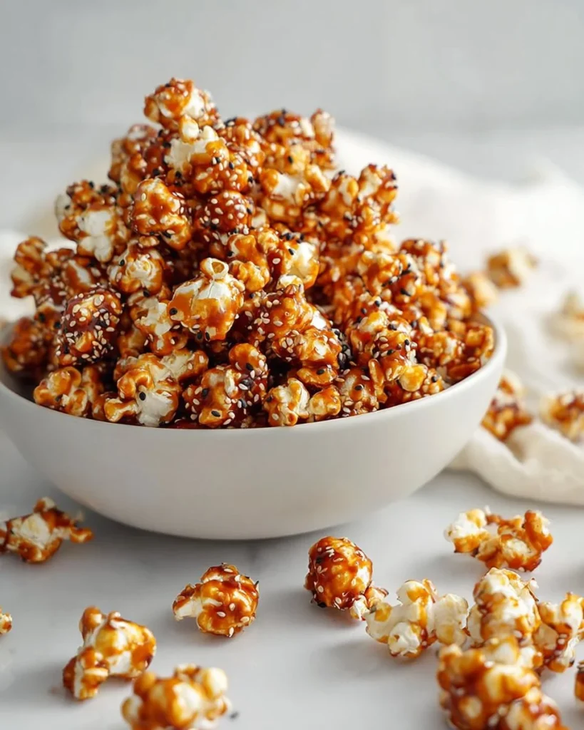 Gochujang caramel popcorn drizzled with sesame seeds