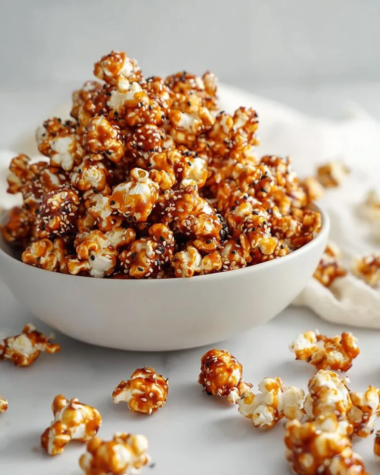 Gochujang caramel popcorn with toasted sesame seeds in a stylish bowl.