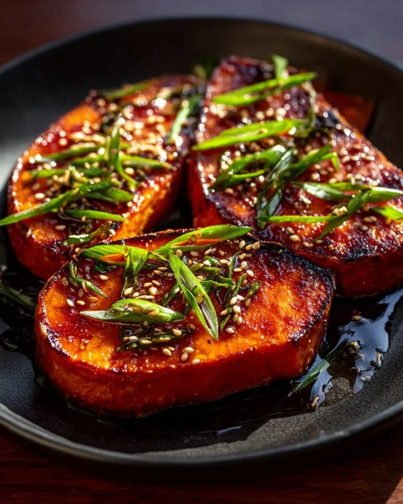 Gochujang and maple glazed sweet potato steaks on a plate