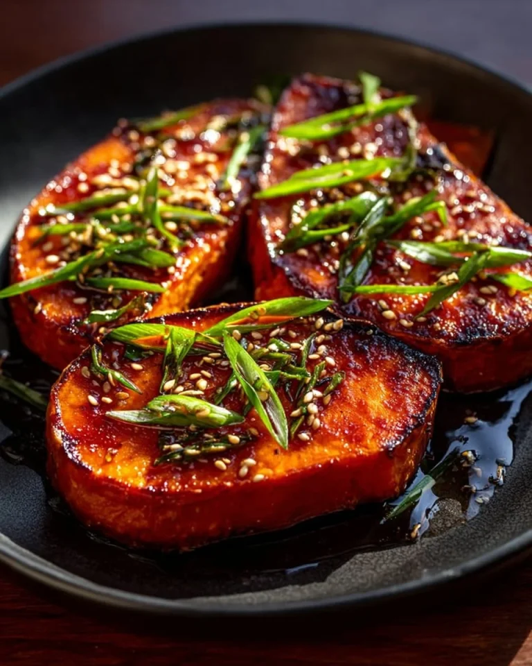 Gochujang and maple glazed sweet potato steaks served on a plate