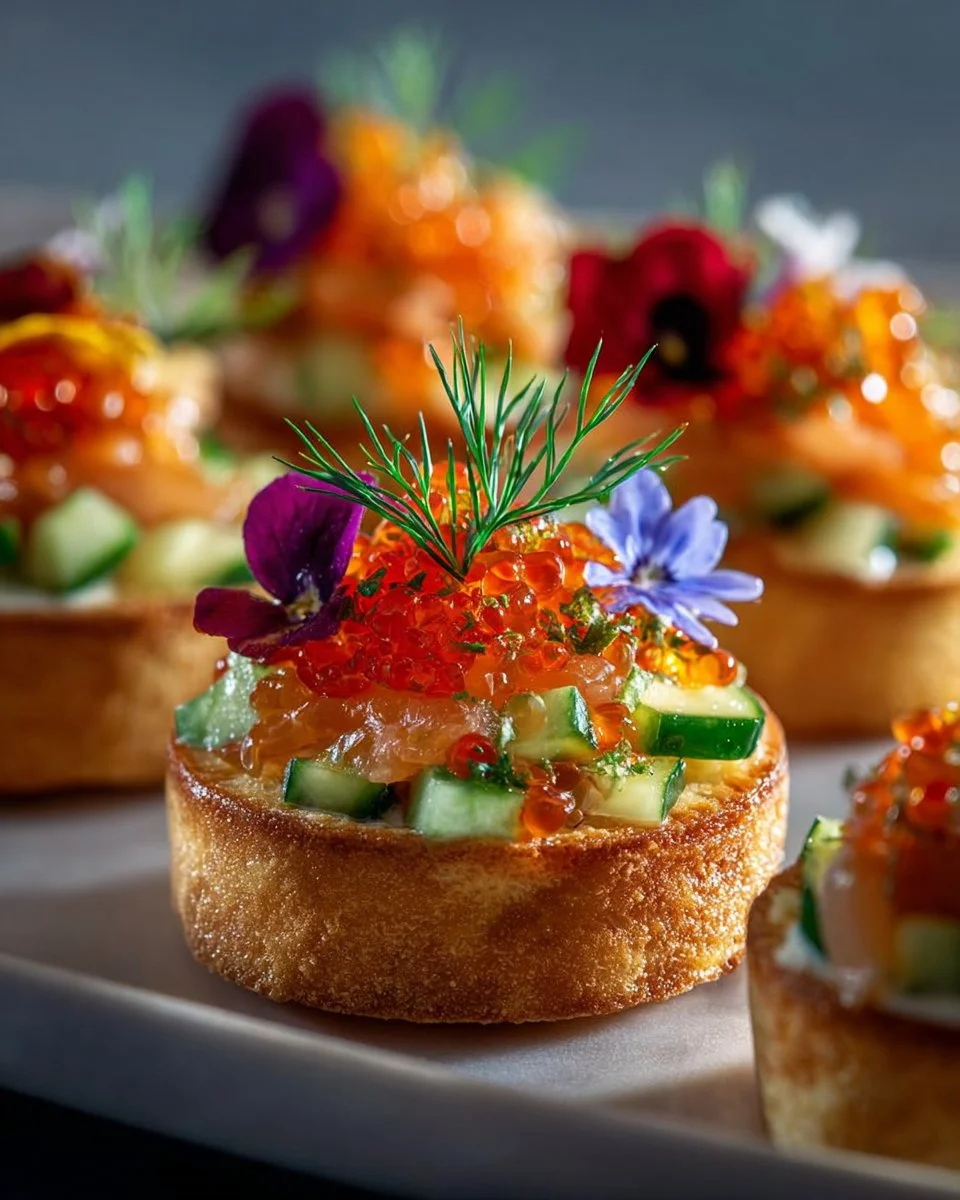 Caviar and smoked trout discs topped with passionfruit relish on a platter