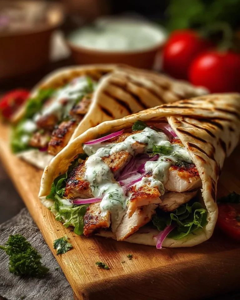 Delicious Greek Chicken Gyros served with fresh vegetables and tzatziki sauce.
