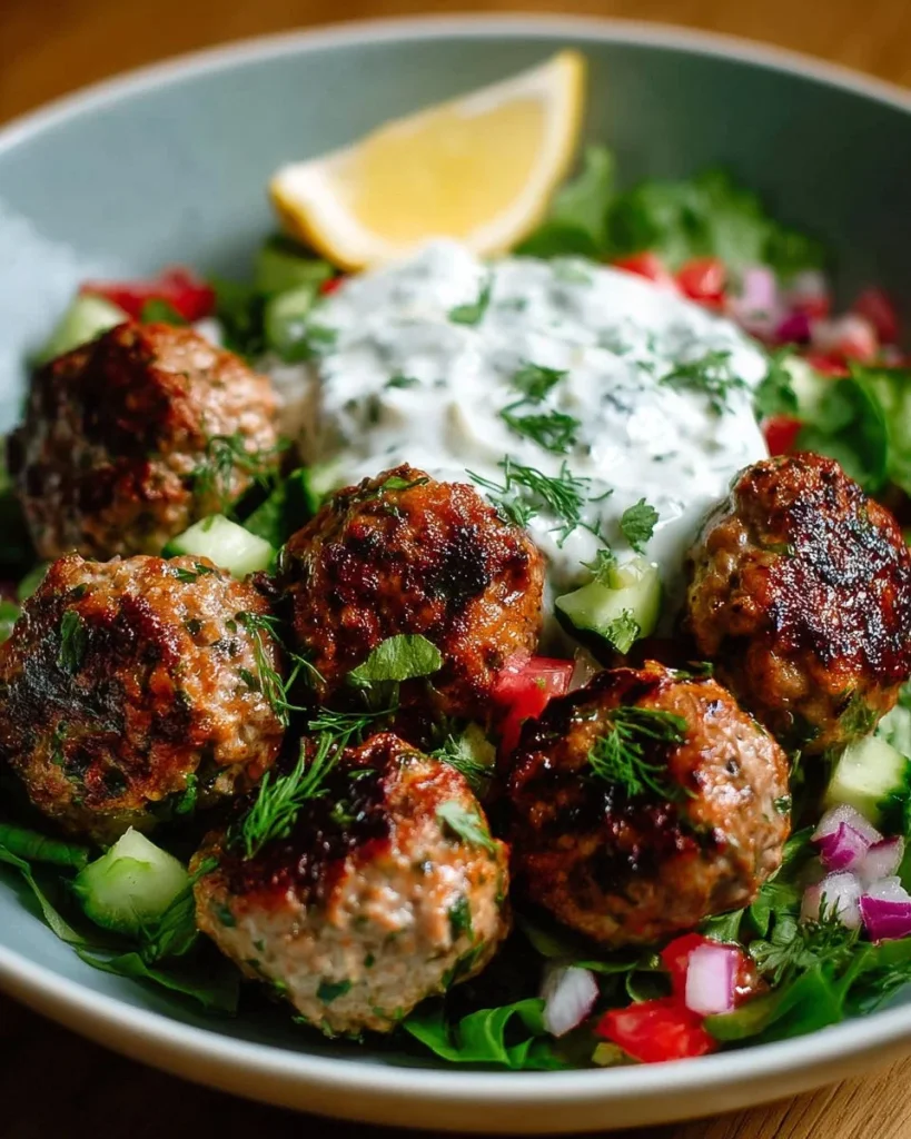 Plate of Greek Chicken Meatballs served with Tzatziki sauce