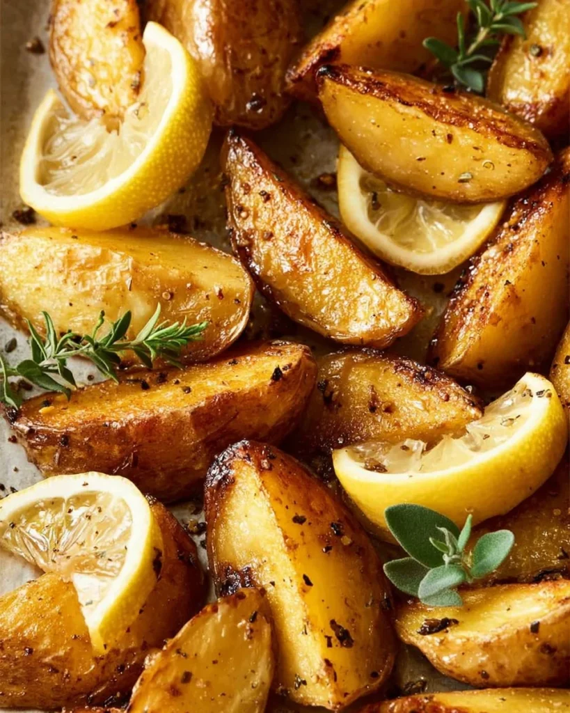 Delicious Greek Lemon Potatoes with herbs and lemon zest, served in a rustic dish.