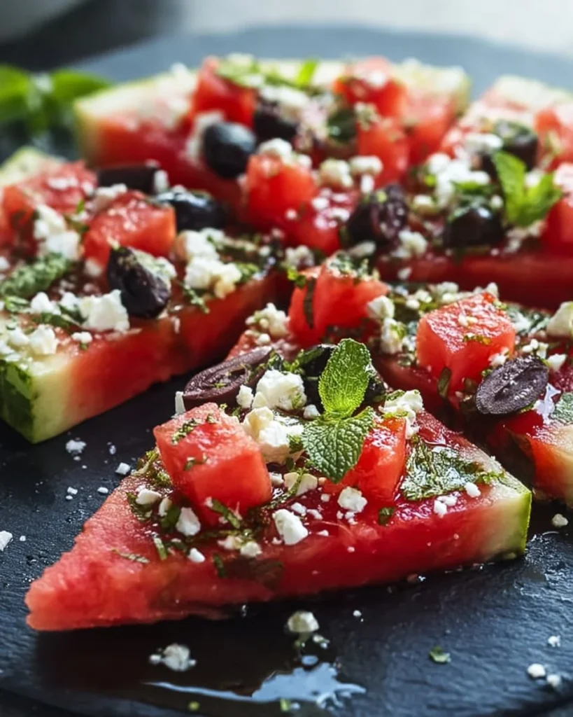 Delicious Greek watermelon pizza topped with feta, olives, and mint.