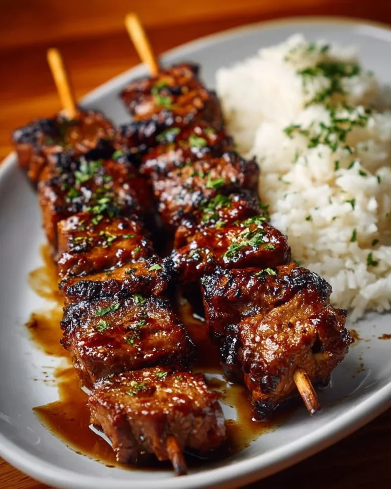 Grilled Thai coconut chicken skewers served on a plate with dipping sauce.