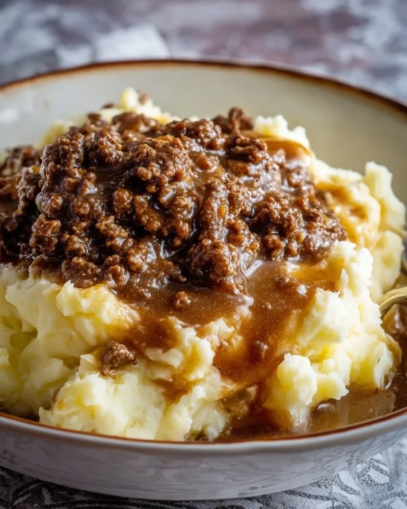 Ground beef and gravy served over fluffy mashed potatoes