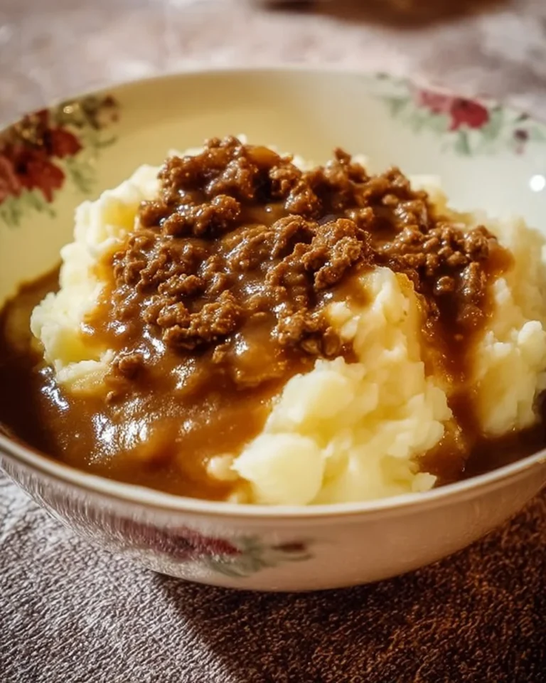 Ground beef and gravy served over mashed potatoes in a bowl