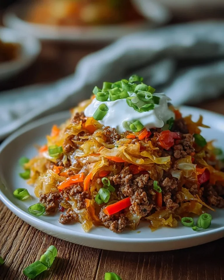 Ground Beef Taco Cabbage Skillet topped with cheese and fresh cilantro
