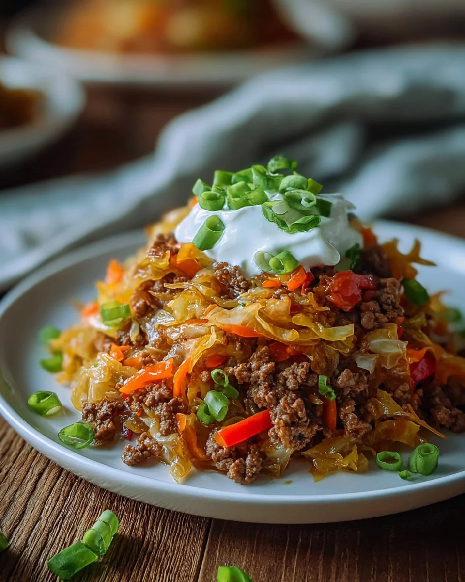 Ground Beef Taco Cabbage Skillet topped with cheese and fresh cilantro
