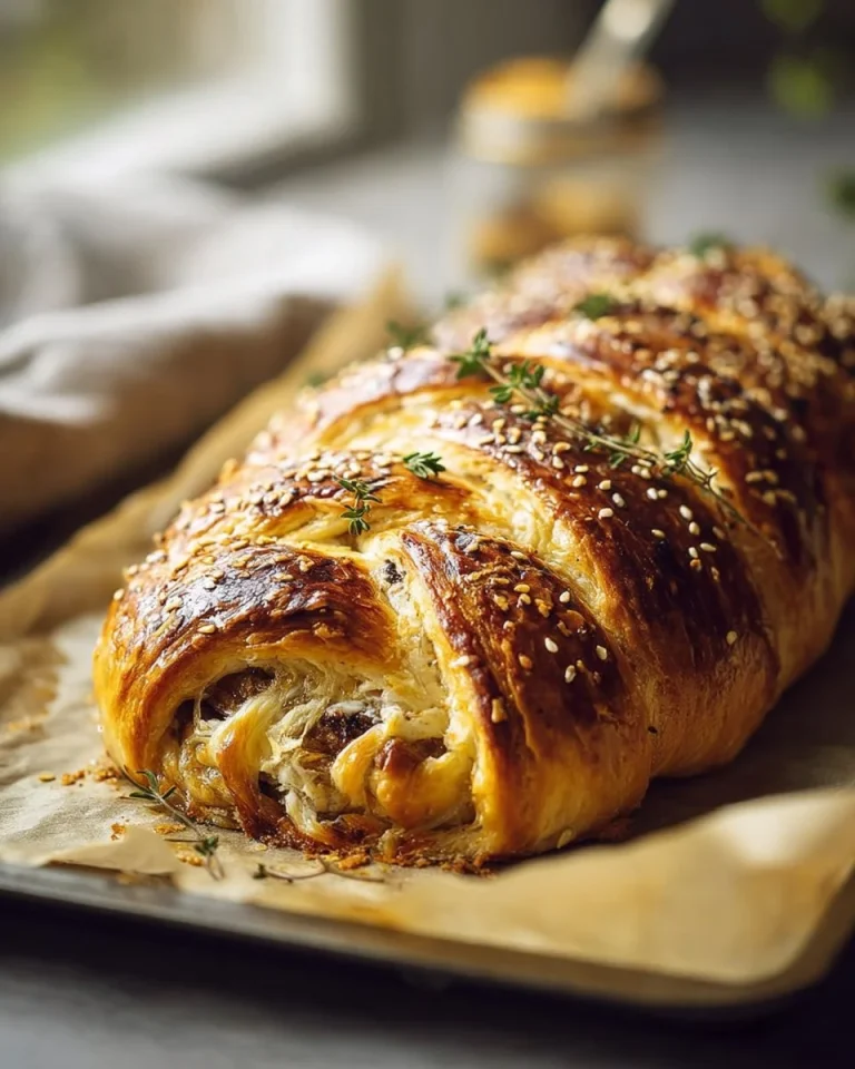 Delicious Gruyère and wild mushroom puff braid pastry on a wooden table.