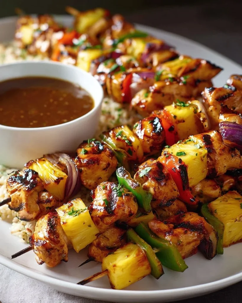 Delicious Hawaiian Chicken Pineapple Kebabs on skewers ready for grilling