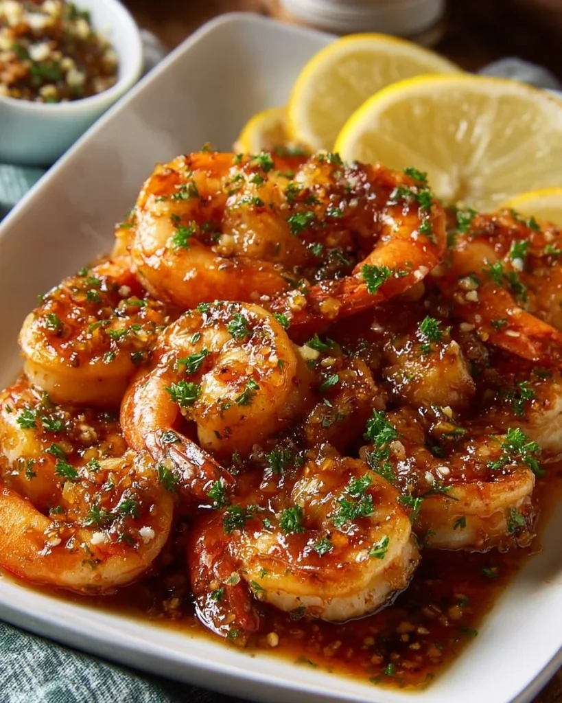 Delicious Hawaiian Garlic Shrimp served garnished with fresh herbs and lemon