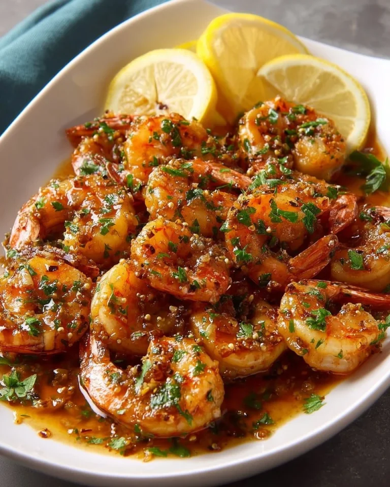 Delicious plate of Hawaiian Garlic Shrimp garnished with herbs