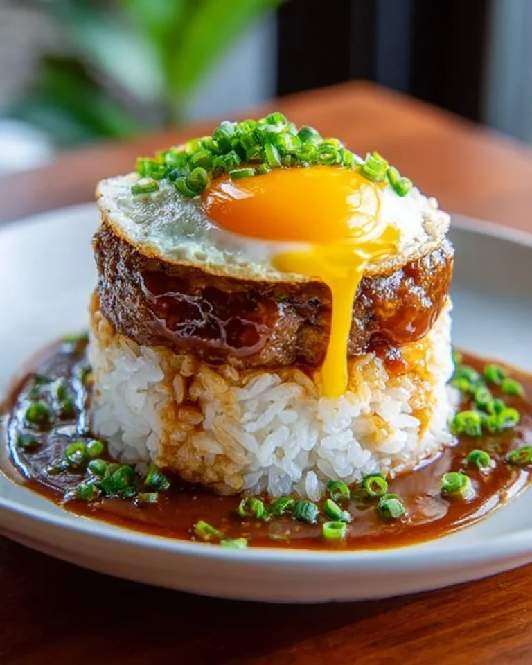 Delicious loco moco served with rice, hamburger patty, and gravy.
