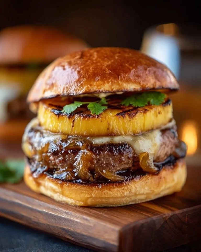 Hawaiian teriyaki beef burgers on a grill with fresh toppings