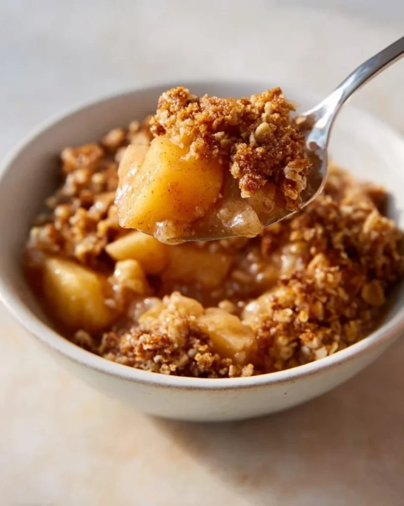 Delicious and healthy breakfast apple crumble topped with oats and fruits.