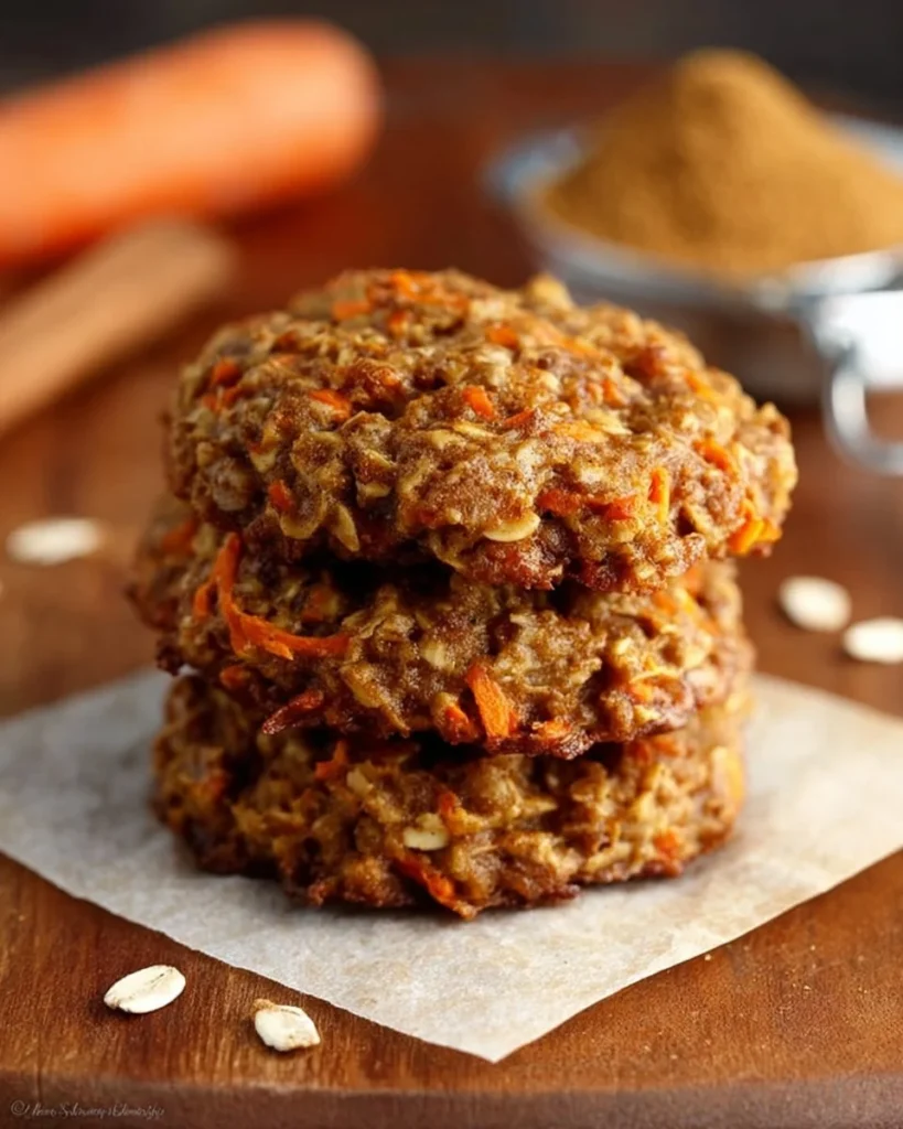 Healthy carrot cake oatmeal cookies on a wooden table