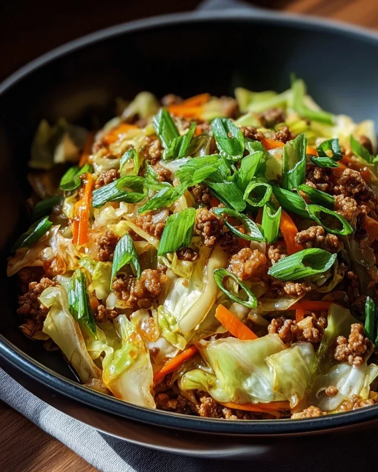 Healthy Chinese ground beef cabbage dish garnished with fresh vegetables.