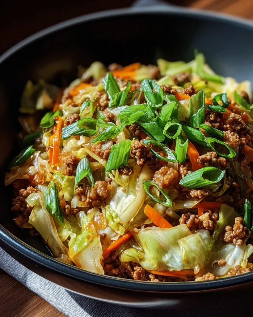 Healthy Chinese ground beef cabbage dish garnished with fresh vegetables.